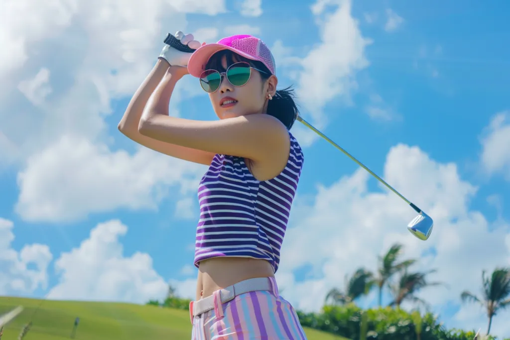 40 year old woman playing golf in purple and white striped sleeveless polo shirt