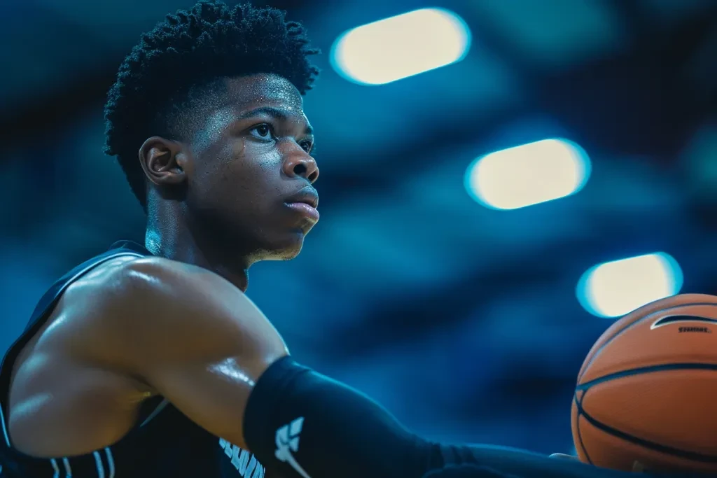 A high school basketball player wearing an arm sleeve