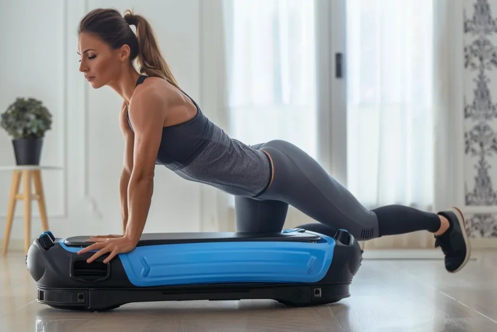 A woman is doing pushups on an electric blue shaper massager machine