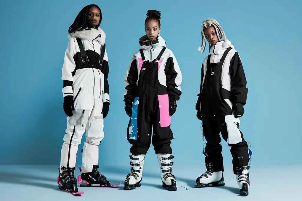 Three models wearing black and white ski suits with pink accents