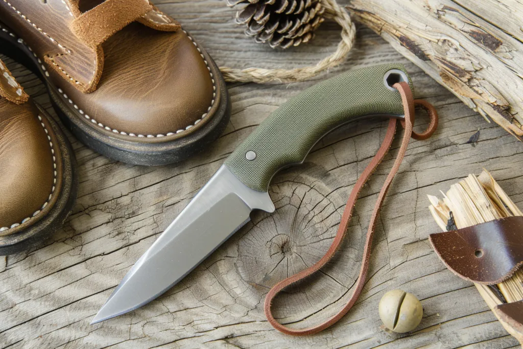 A small hunting knife with an olive green handle and leather sheath was laid out on the table