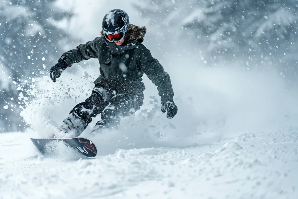 A snowboarder in dark jacket and black pants, with helmet and goggles on head is riding down the hill at ski resort