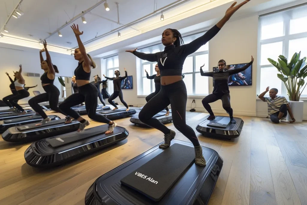 people in yoga attire doing warrior poses on an electric bear platform