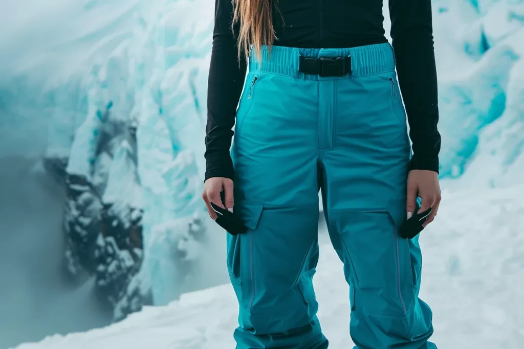 A Ross Huntington woman wears snow pants in a turquoise color
