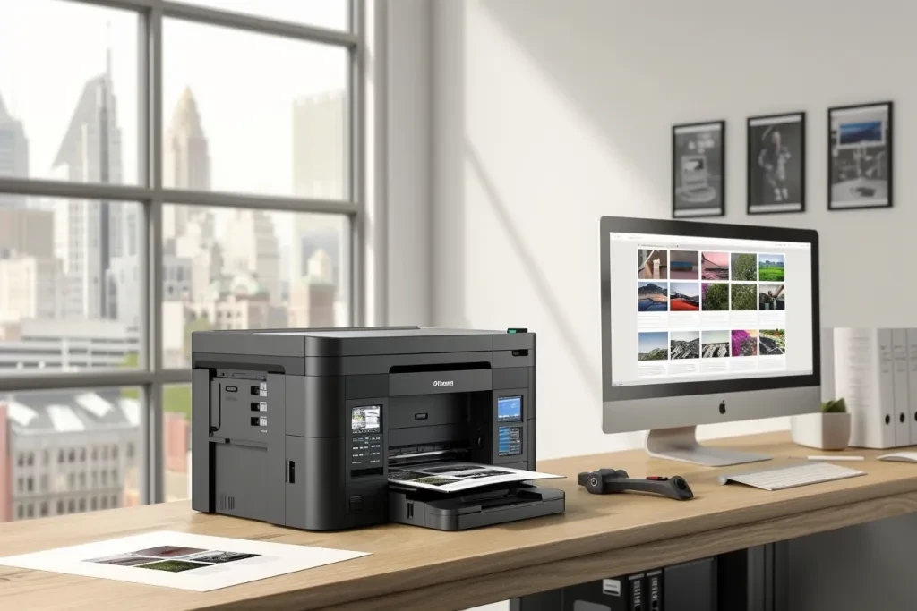 A all-in-one printer sitting on top of an office desk