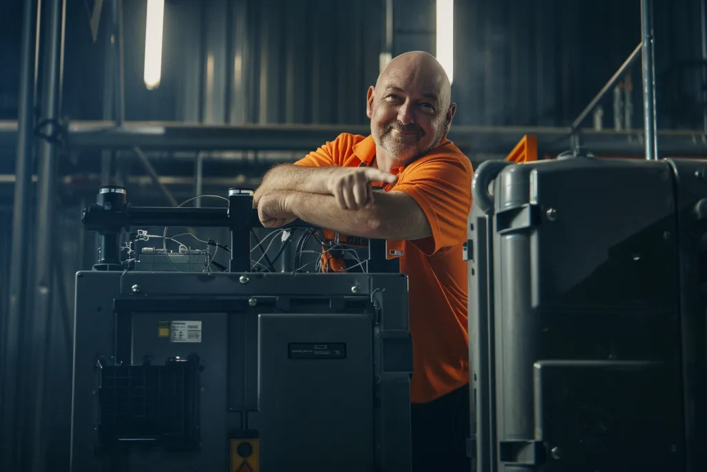 A bald man in an orange shirt leaning on the top of his black, gray and silver high-end large power station with wheels attached to it pointing at camera smiling
