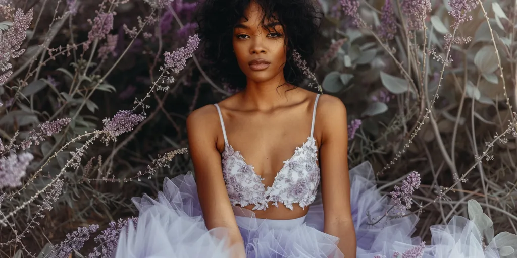 A beautiful black woman wearing a lavender prom dress