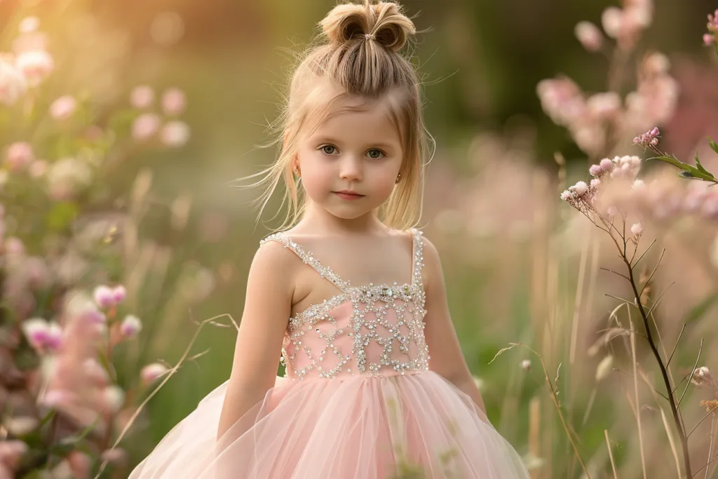 A beautiful little girl wearing an exquisite pink tulle dress