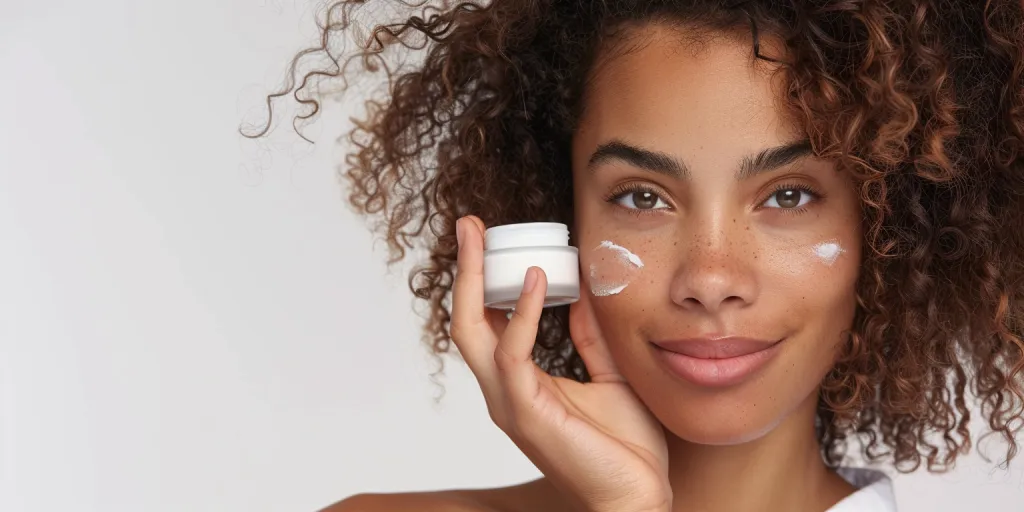 A beautiful mixed race woman with curly hair holding up an eye cream jar to her face