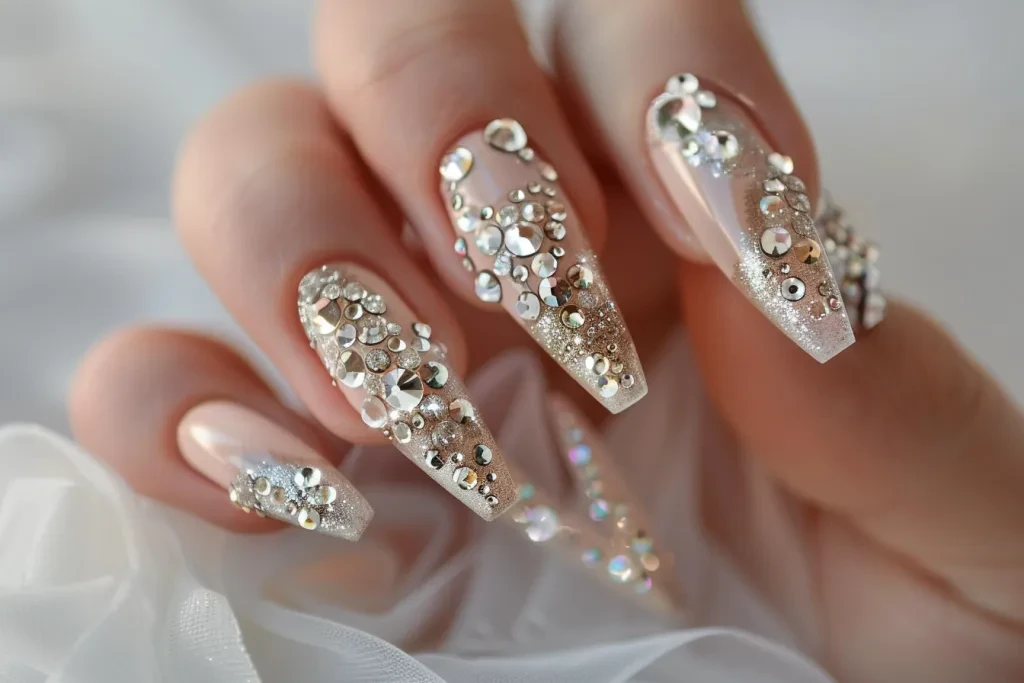 A beautiful set of nails with crystal embellishments