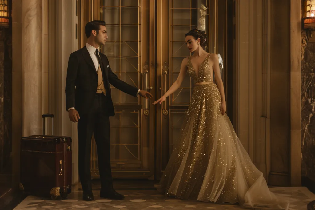 A beautiful woman in an elegant gold evening gown stands next to the door