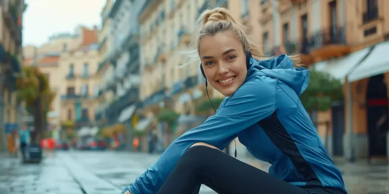 A beautiful woman in blue sportswear is stretching her leg