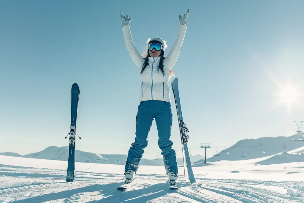 A beautiful woman in white and blue ski gear stands on the snow with skis, holding her hands above her head