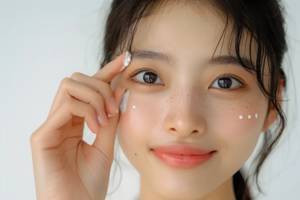 A beautiful woman is applying eye cream to her under-eye area