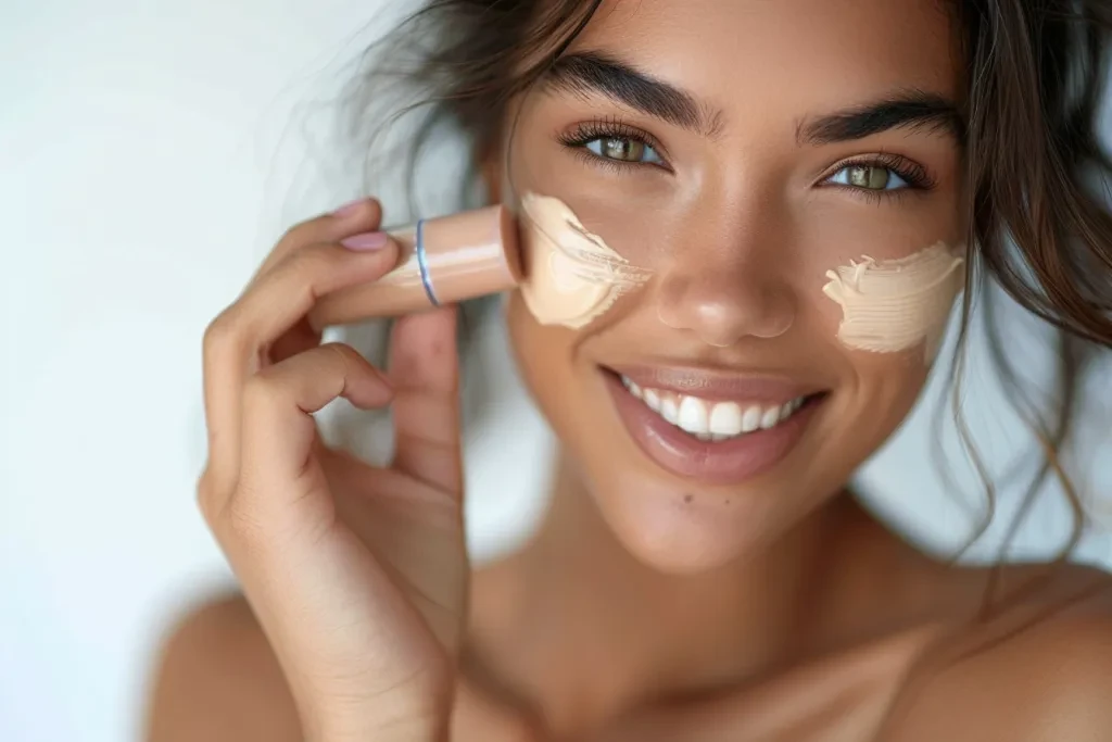 A beautiful woman of mixed race applying cream foundation to her face