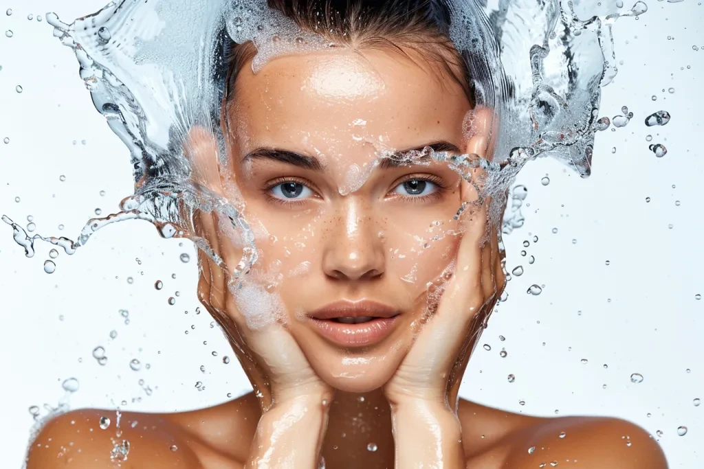 A beautiful woman washing her face