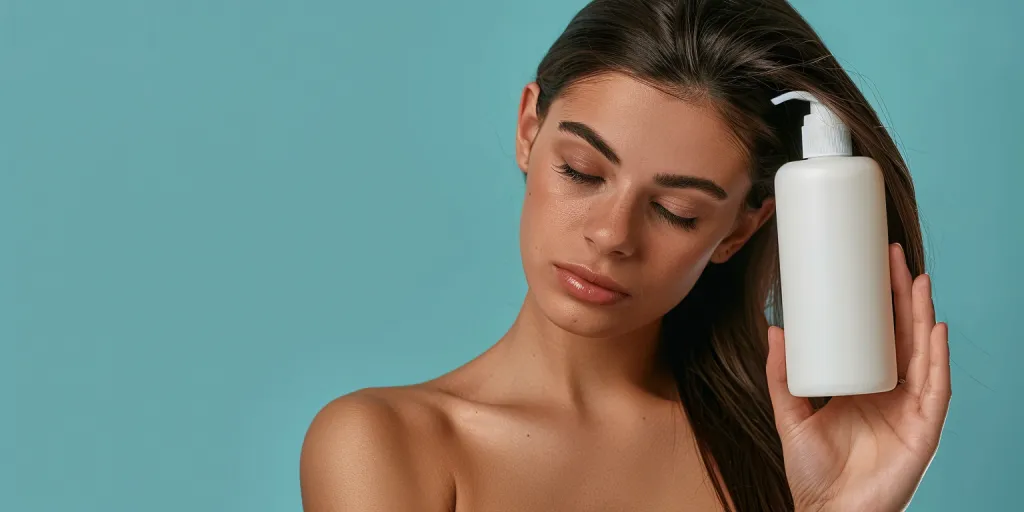 A beautiful woman with long straight hair is holding an white shampoo bottle