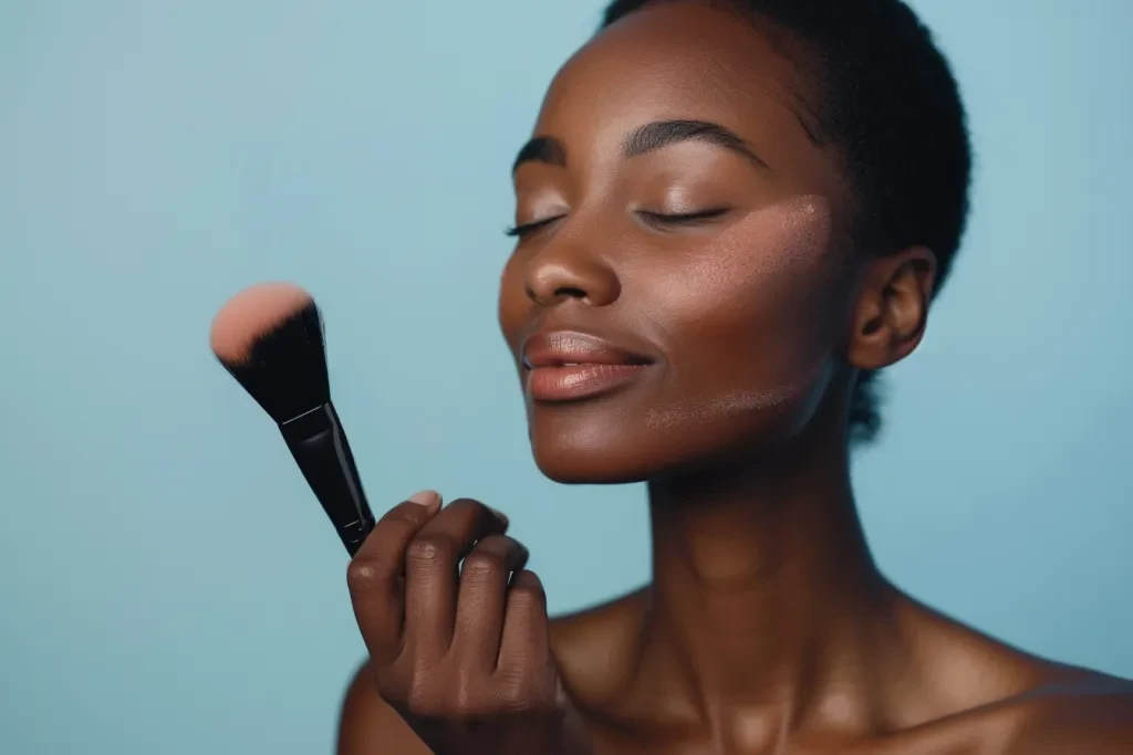 A beautiful woman with radiant skin is applying powder blusher