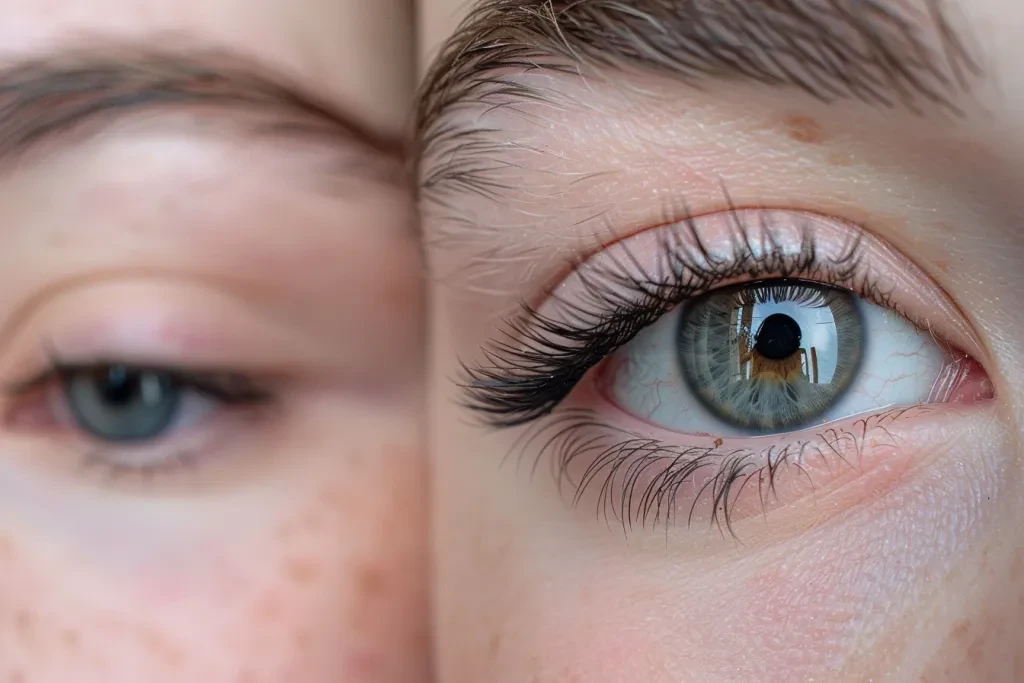 A before and after photo of an eye with eyelash extensions