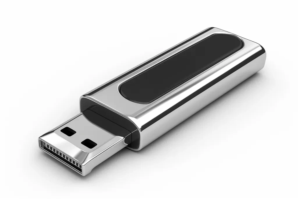 A black and silver flash drive on a white background