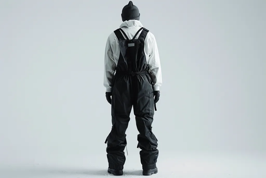 A black snow overalls with white shirt underneath