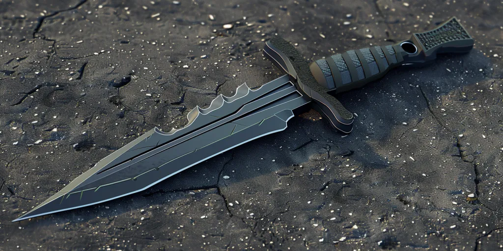 A black steel combat knife with a green handle