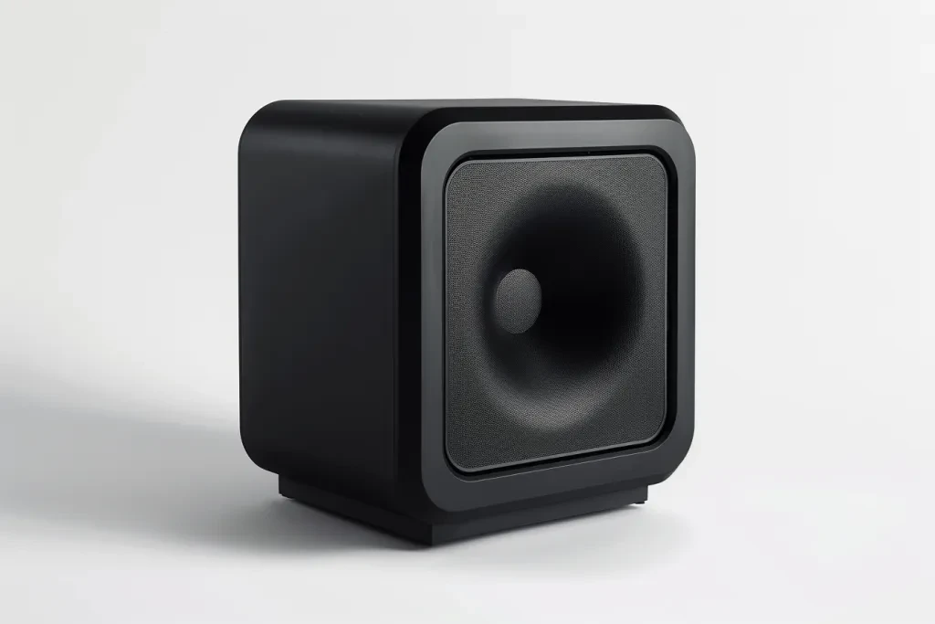 A black subwoofer with rounded edges