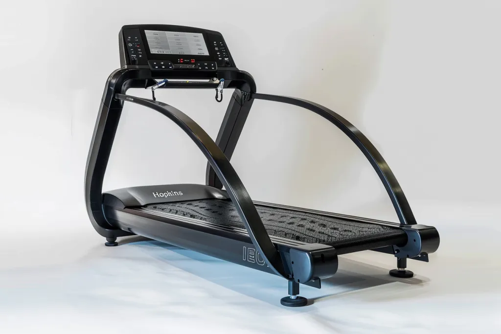 A black treadmill with an open and curved frame