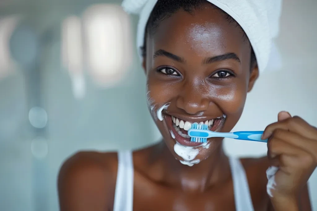 A black woman brushing her teeth in the bathroom