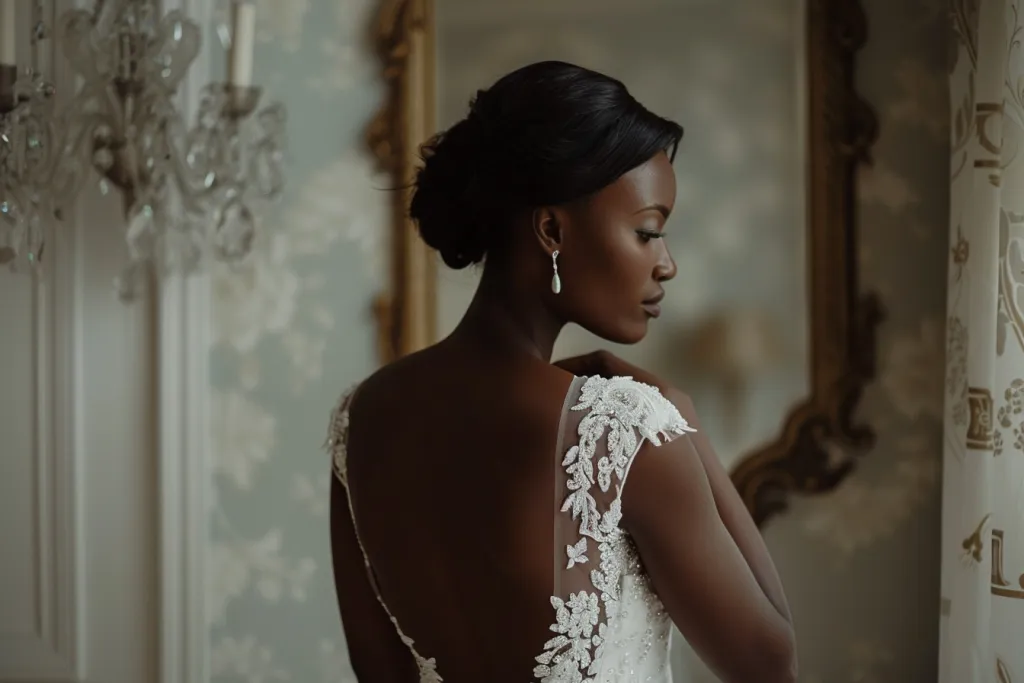 A black woman in a white wedding dress stands near a mirror