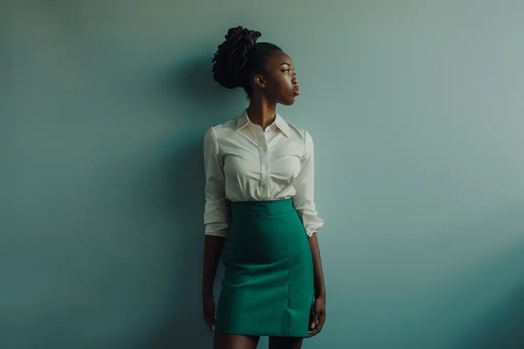 A black woman wearing an emerald green pencil skirt