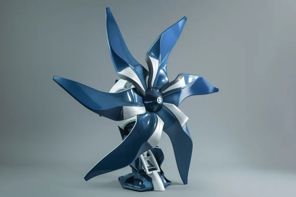 A blue and silver wind turbine with an abstract design