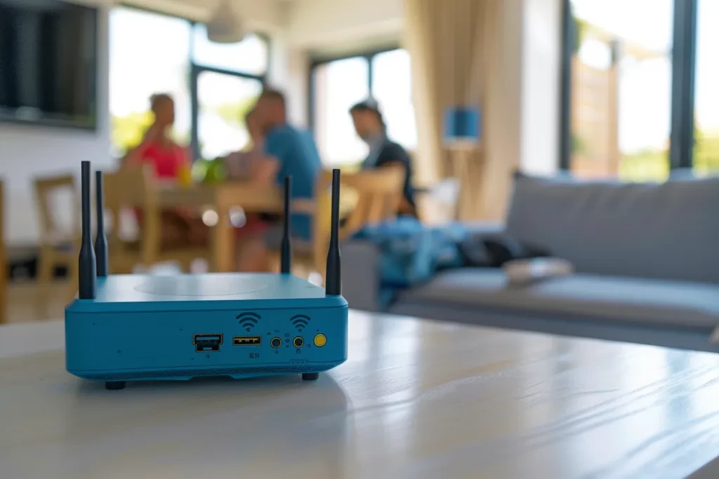 A blue camera and wifi router sit on a table in focus