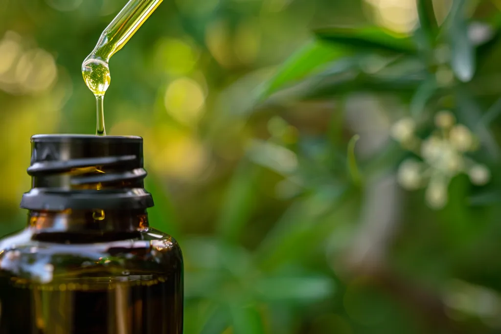 A bottle of black oil is pouring yellow liquid on the green background