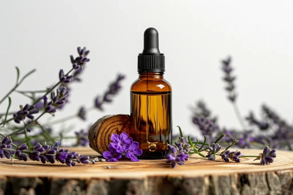 A bottle of essential oil with lavender flowers on a wooden table against a white background