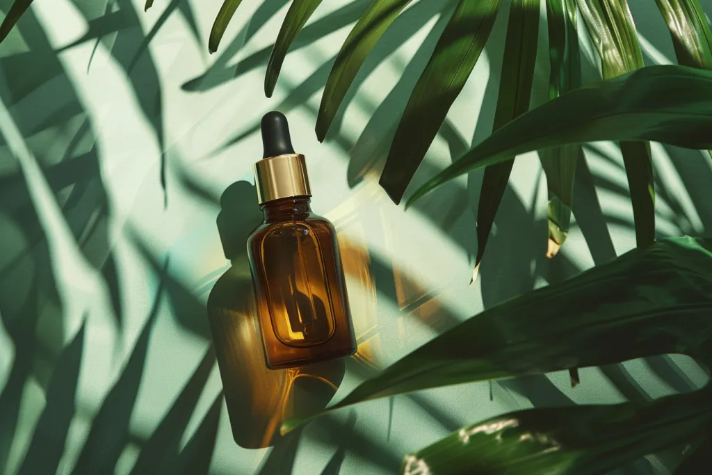 A bottle of face oil with an amber glass dropper cap