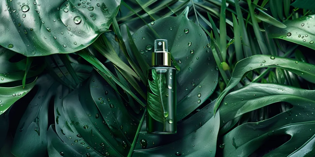 A bottle of green cosmetic spray is placed on the leaves