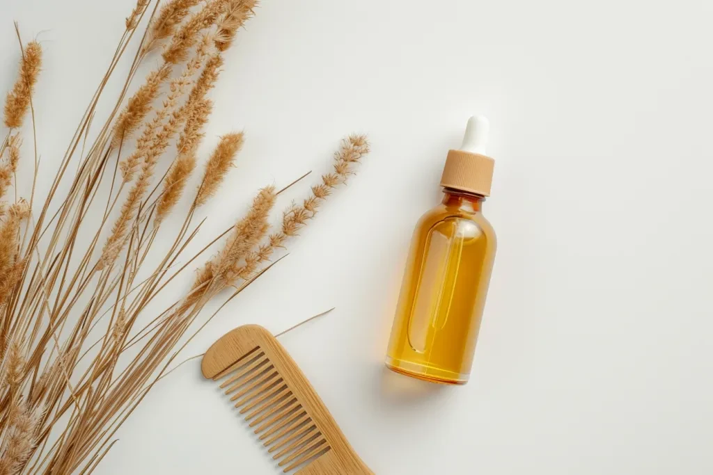 A bottle of hair oil and wooden comb on a white background