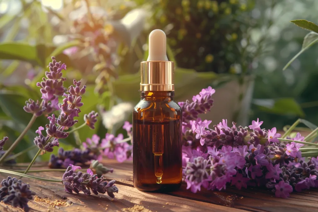 A bottle of lavender essential oil on a wooden table