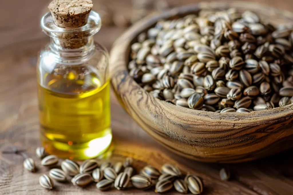 A bottle of liquid castor oil with a white cap