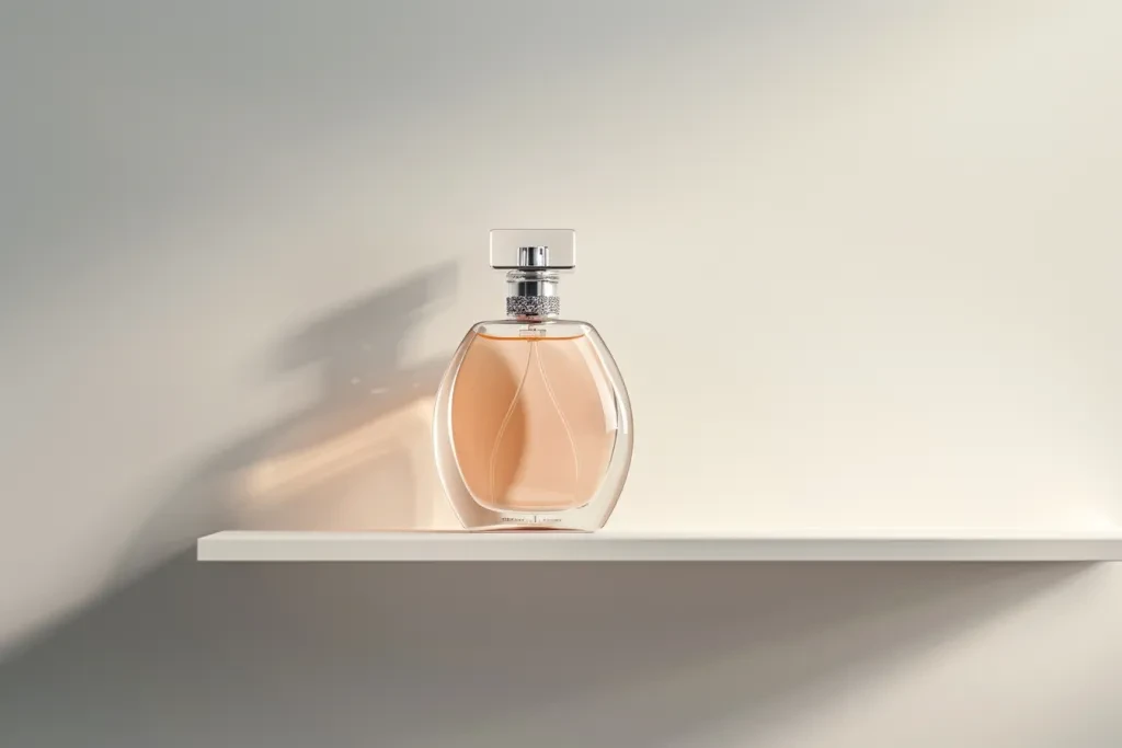 A bottle of perfume sits on an empty shelf against a white background