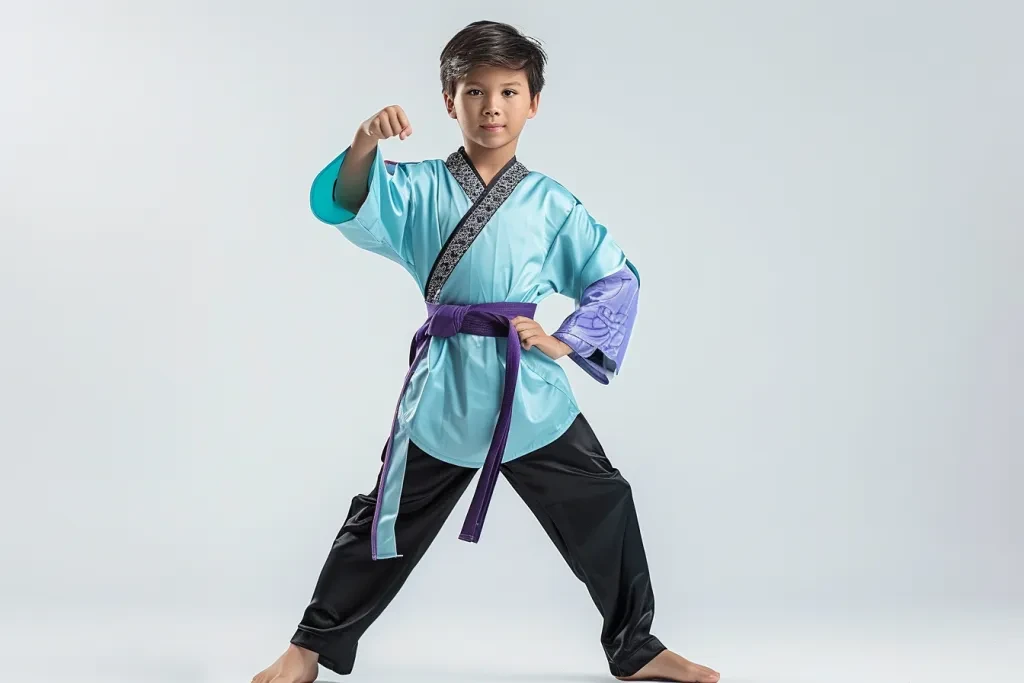 A boy wearing a nunchucks costume