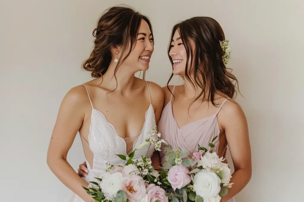 A bride and her bridesmaid pose for the camera