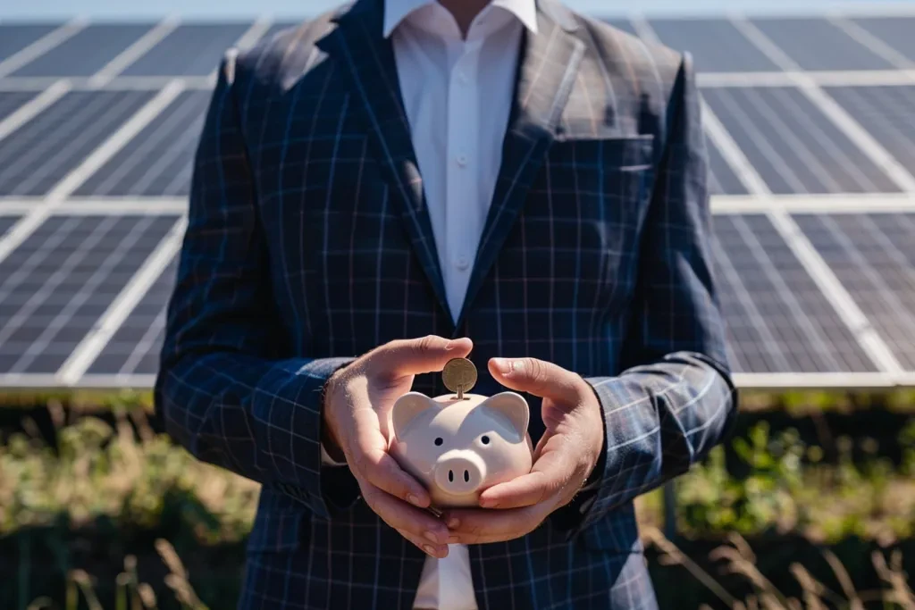 A businessman holds a piggy bank and puts a coin into it, with solar panels in the background