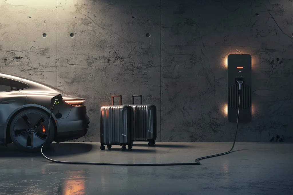 A car charging station with two large suitcases on wheels connected to the power strip by an electric cable is placed next to it