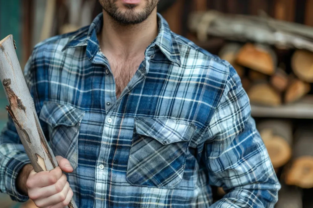 A close up of a blue plaid shirt