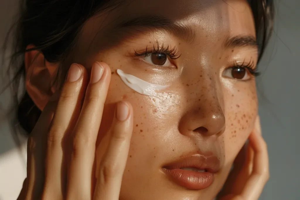 A close-up of an Asian woman's face with dark eyes