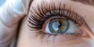 A close up of an eye with long eyelashes