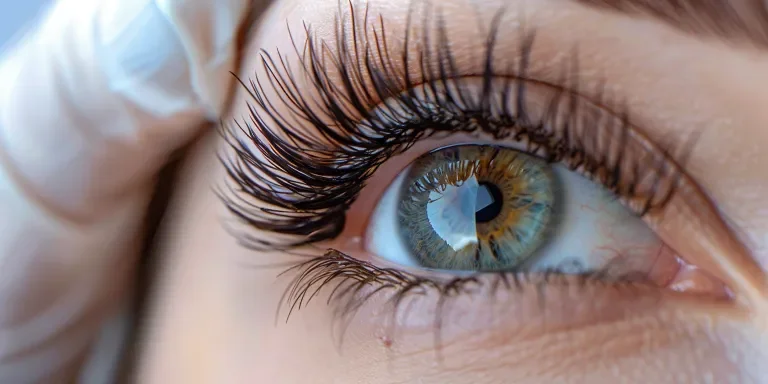A close up of an eye with long eyelashes