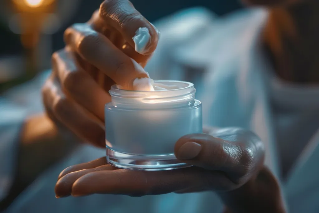 A close up of hands applying cream to the skin